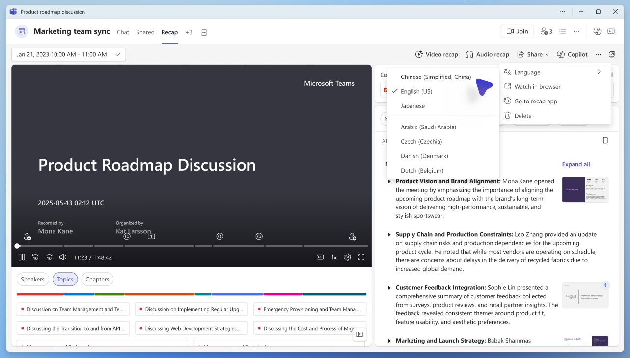 Het Language-menu in een Teams meeting recap