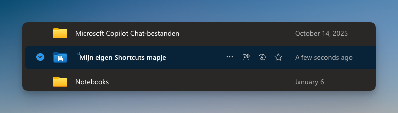 OneDrive Mijn bestanden met de hernoemde map Mijn eigen Shortcuts mapje geselecteerd.