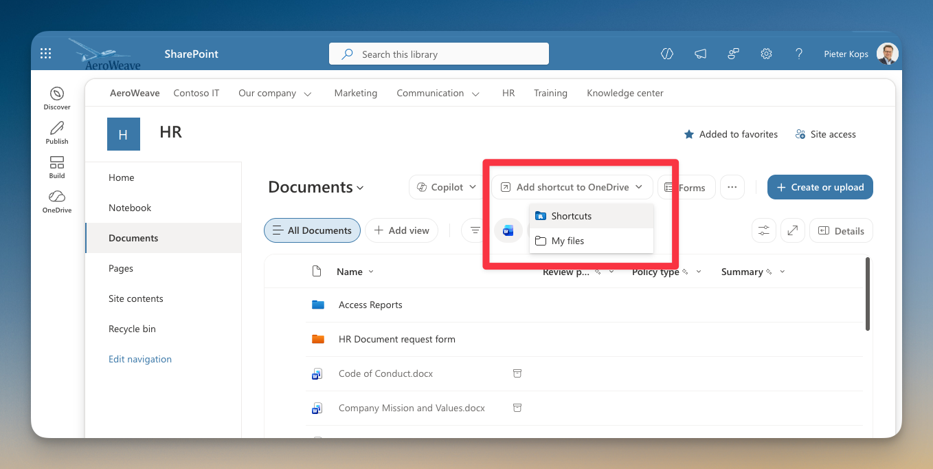 SharePoint-documentbibliotheek met de keuze om een snelkoppeling toe te voegen aan Shortcuts of My files.