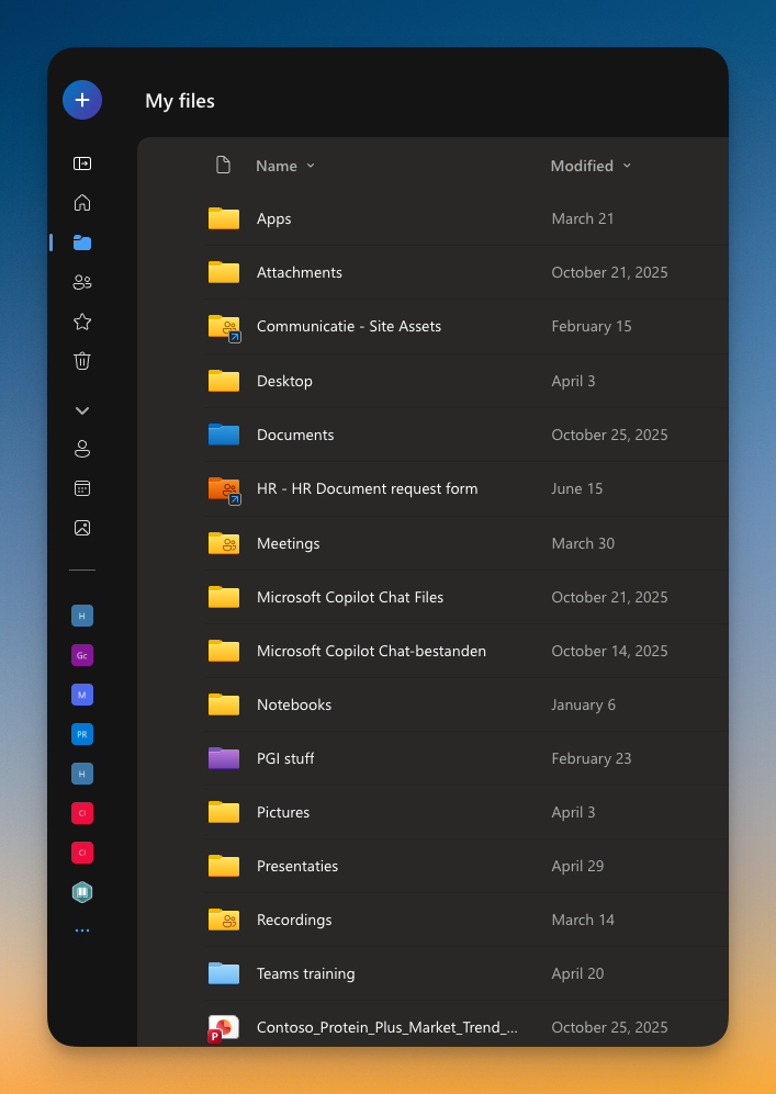 OneDrive Mijn bestanden waarin nog geen aparte map Snelkoppelingen zichtbaar is.