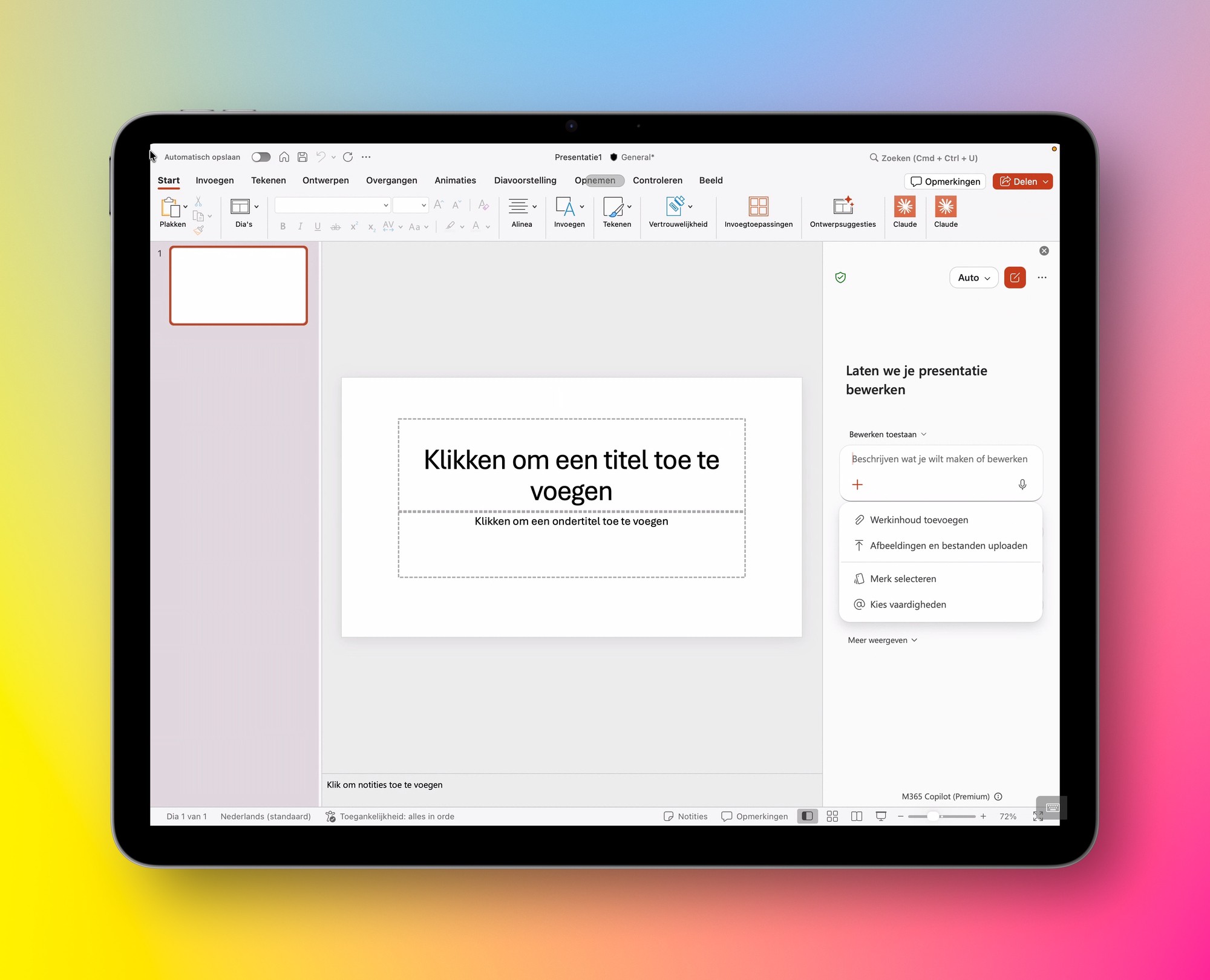 Copilot in PowerPoint met de optie Vaardigheden kiezen