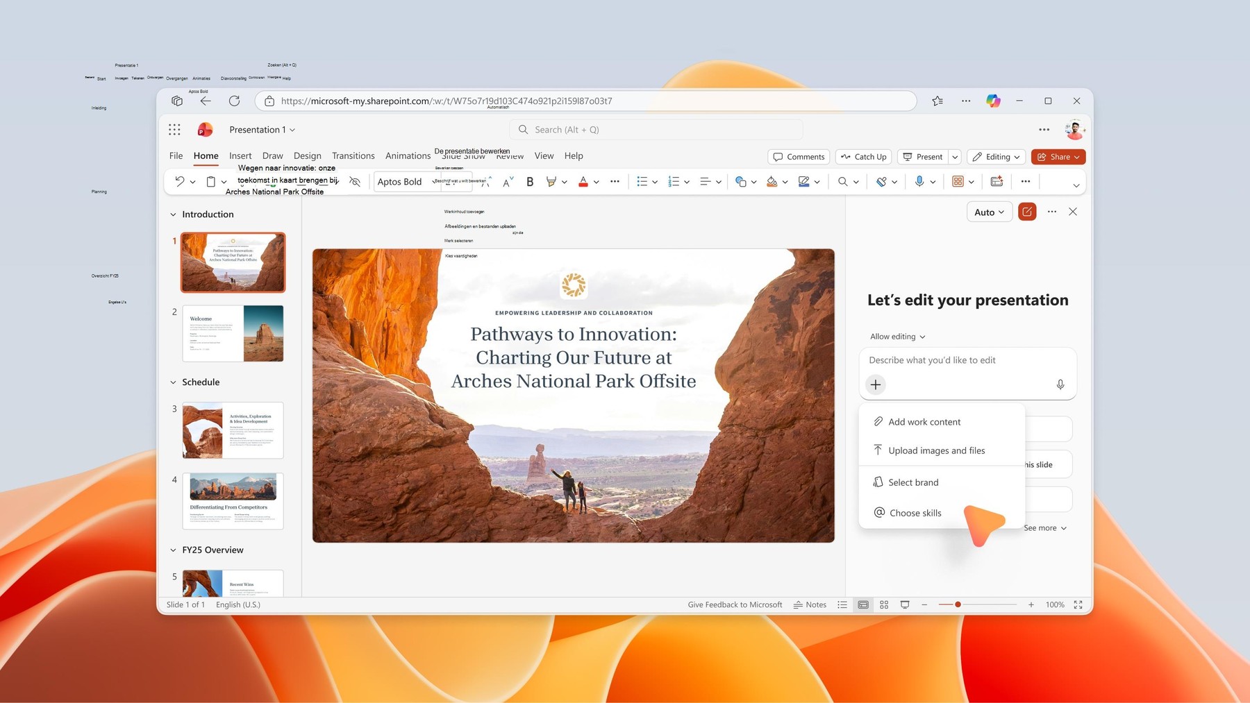 Het menu Vaardigheden kiezen in PowerPoint Copilot