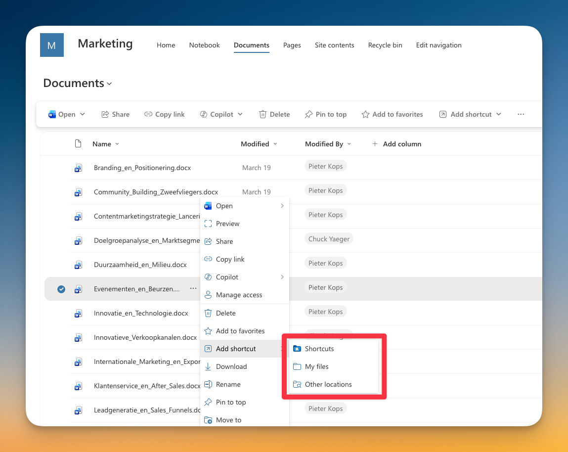 SharePoint-contextmenu met Add shortcut en de bestemmingen Shortcuts, My files en Other locations.