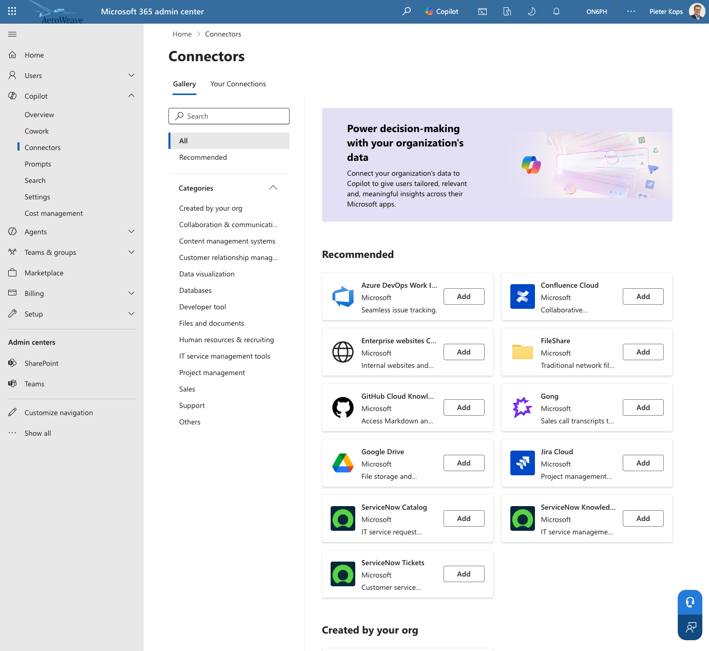 Microsoft 365 admin center met aanbevolen Copilot-connectors, waaronder Azure DevOps en Google Drive.