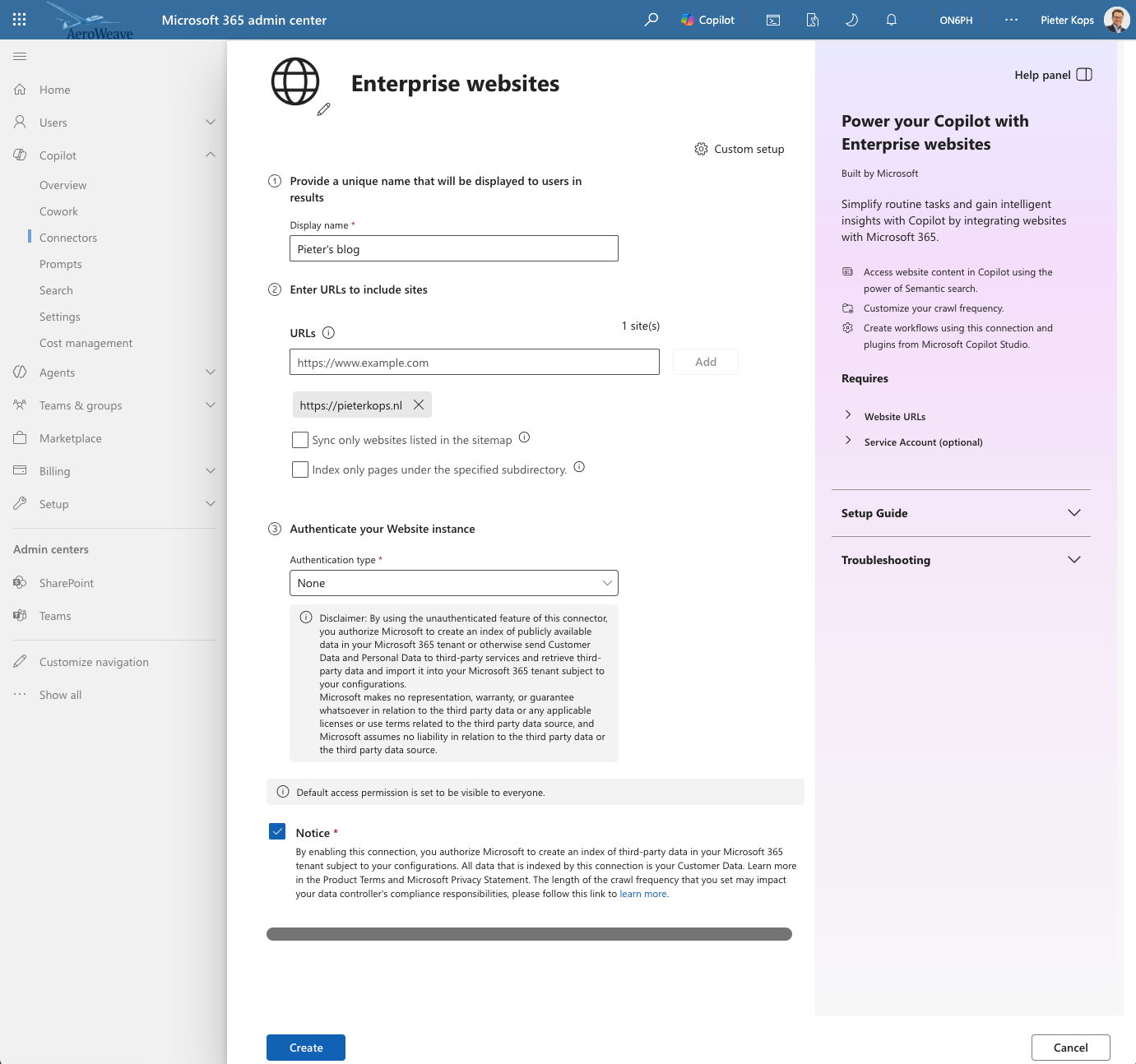 Microsoft 365 admin center voor het instellen van een externe website als Copilot-connector.