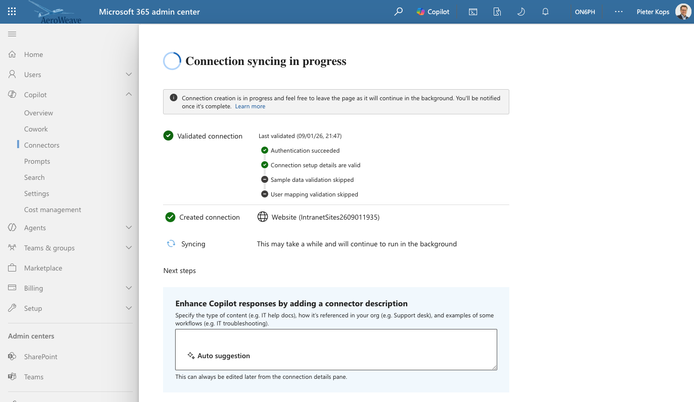 Microsoft 365 admin center met een gevalideerde websiteverbinding waarvan de synchronisatie wordt uitgevoerd.