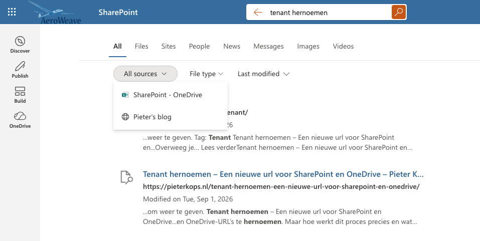 SharePoint-zoekresultaten voor tenant hernoemen, met SharePoint en Pieter’s blog als bronnen.