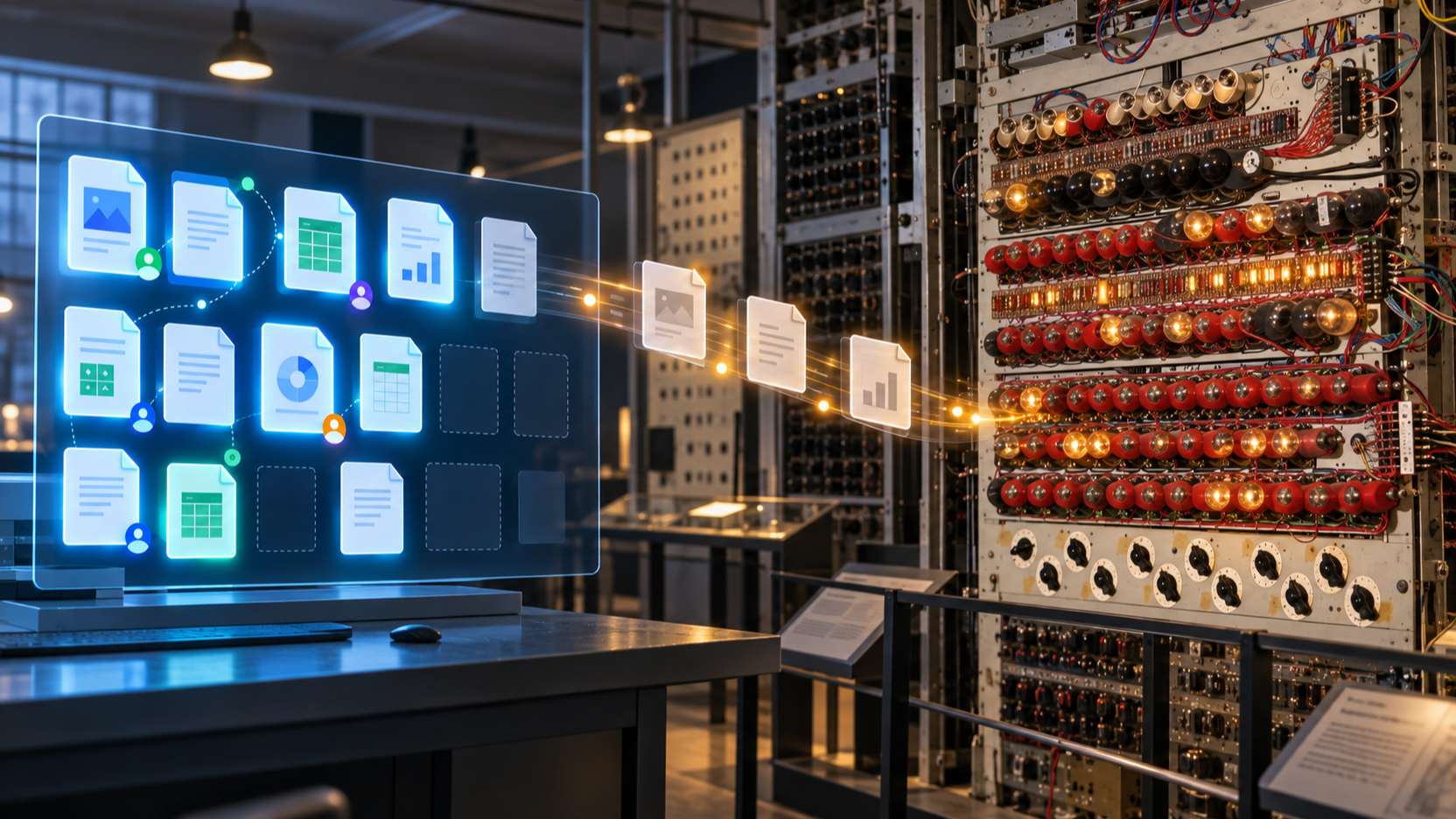 Modern digital files moving towards the historic Colossus computer at The National Museum of Computing, connecting Microsoft 365 archiving with computing history.