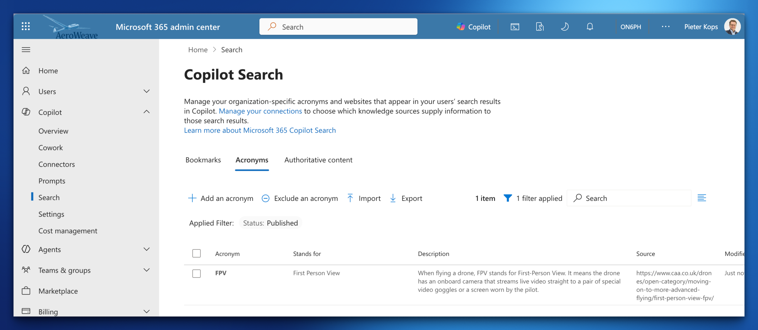 Copilot Search-beheer voor acroniemen in het Microsoft 365 admin center, met FPV als voorbeeld.