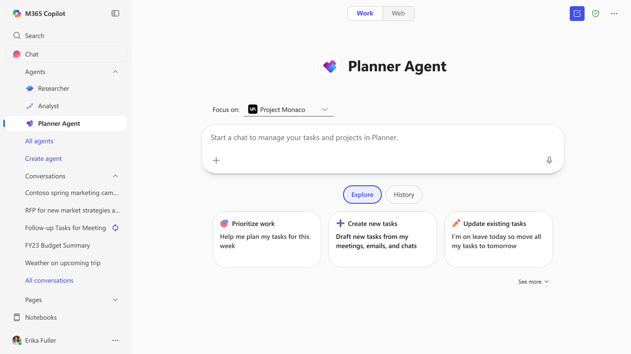 Planner Agent in Microsoft 365 Copilot met opties voor werk prioriteren en taken beheren