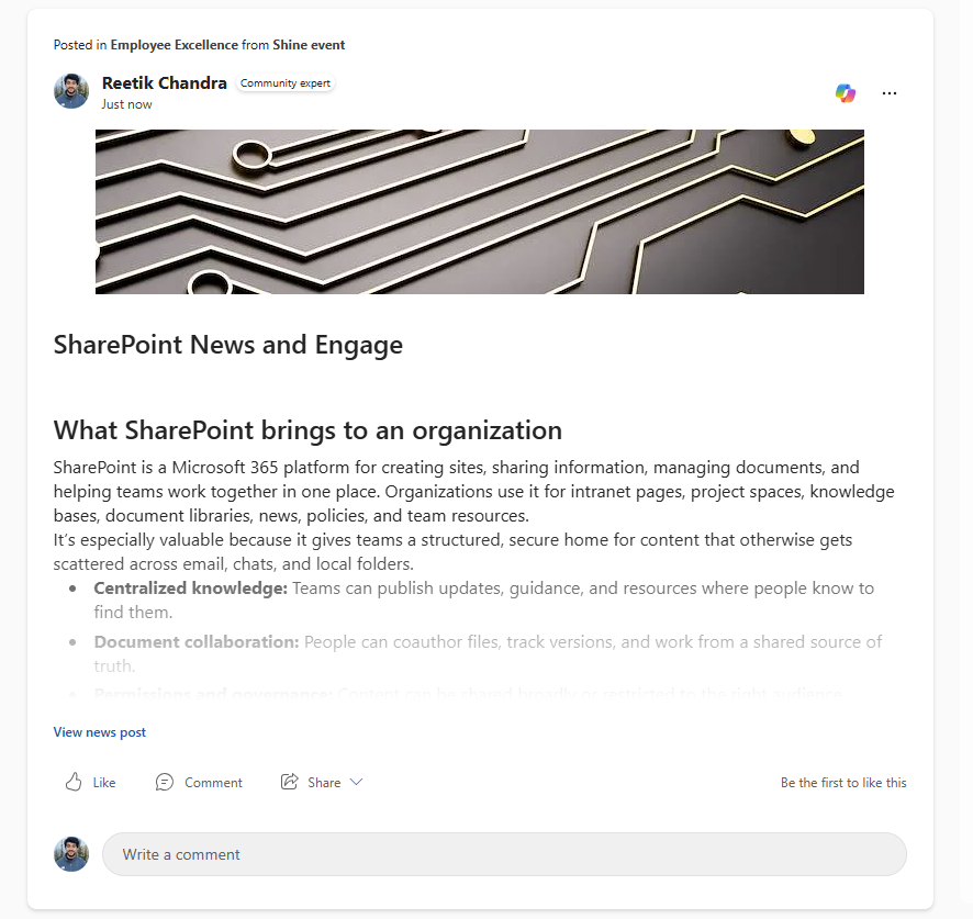 SharePoint News-bericht als cross-post in de Viva Engage-feed