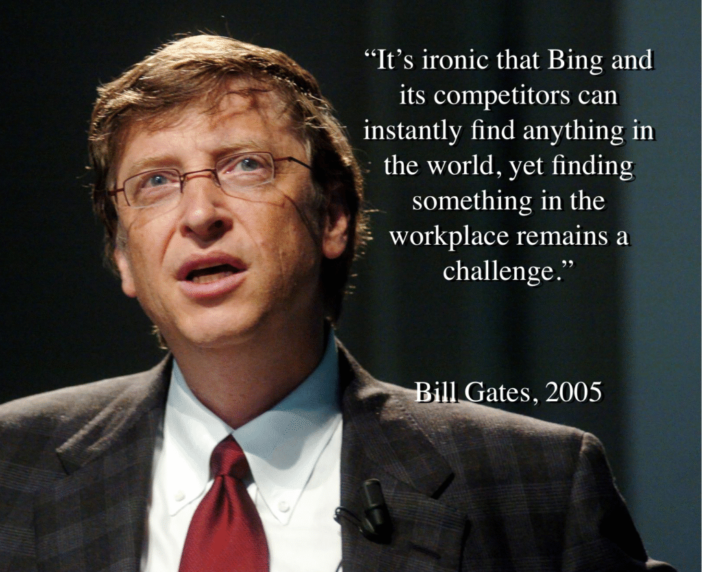 Citaat van Bill Gates uit 2005 over de uitdaging om informatie op het werk terug te vinden.