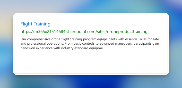 Voorbeeld van een Microsoft Search-bookmark voor het Flight Training Portal.