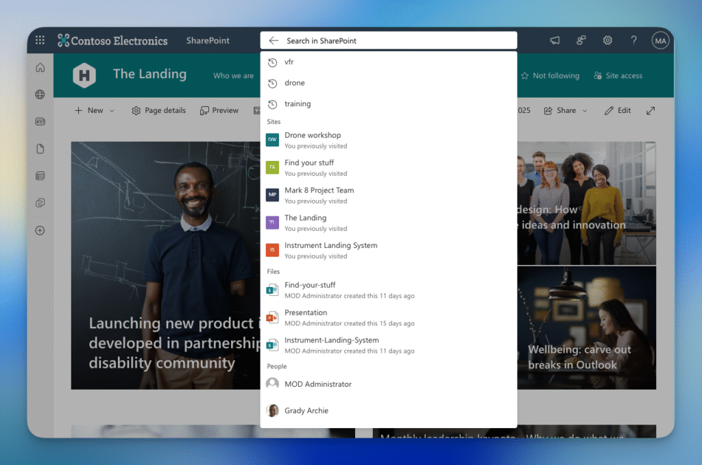 Overzicht van de bouwstenen van Microsoft Search.