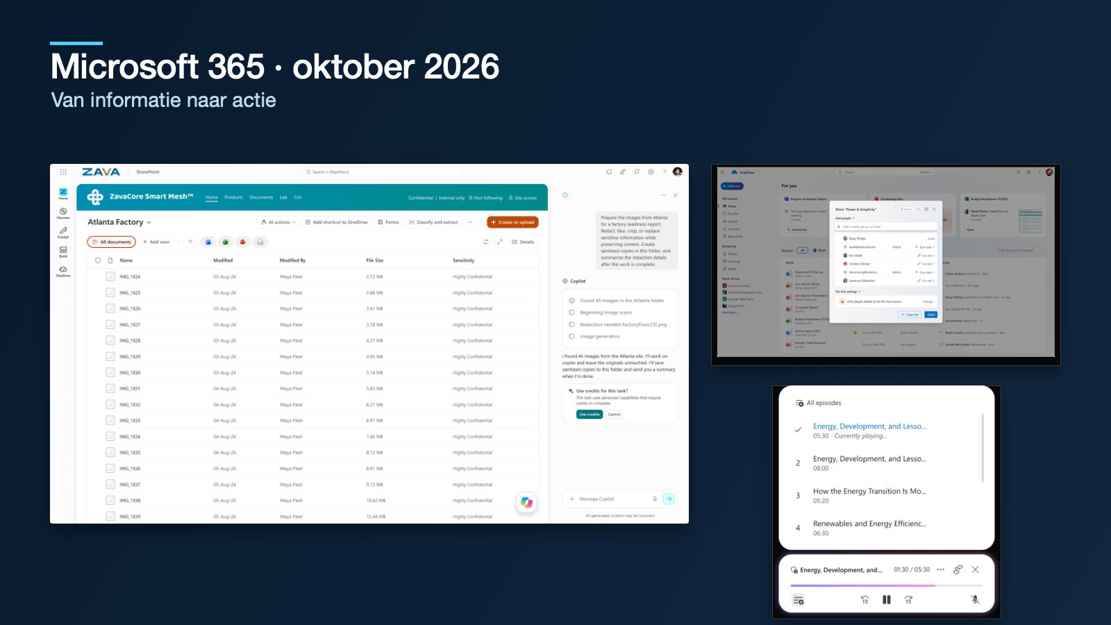 Collage met screenshots van Copilot in SharePoint, de OneDrive-deelervaring en audio-overzichten in Copilot Notebooks.